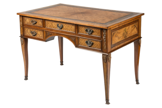 Antique wooden writing desk with ornate drawers and legs isolated on transparent background