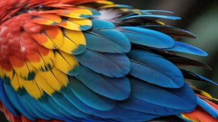 Close up shot showing the vibrant feathers of a macaw with blue yellow and red colors visible