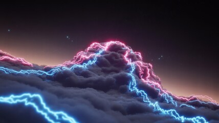 A view of storm clouds with pink and blue lightning strikes at night with a dark sky above it all