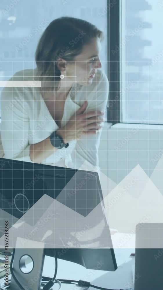 Poster animation of financial data processing over diverse colleagues discussing work in office