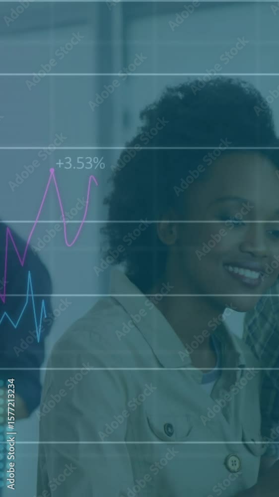 Aufkleber animation of financial data processing over diverse colleagues discussing work in office