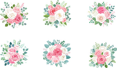 Elegant Pink Rose and Eucalyptus Vector Collection