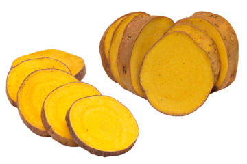 a sliced up sweet potato next to a sliced up tube