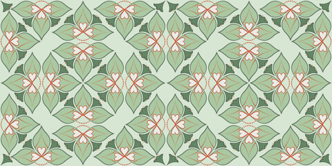 Vintage mosaic tile. Floral seamless pattern in antique style. Traditional painted ceramic tile. Diagonal square flowers ornament of calm green and terracotta red colors. Plant repeating ornament