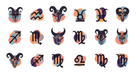 Zodiac signs collection: stylized astrological symbols and animal heads.
