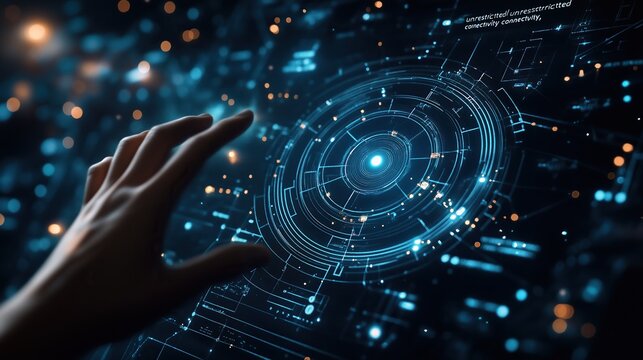 Abstract Network Connections Vector with Data Flow and Interactive Gesture, Blue Tech Theme for Enterprise Security Systems, IoT Visualization