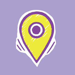 Hand-Drawn Yellow and Purple Map Pin Icon on a Light Grey Background – Perfect for Location, Navigation, and GPS Concepts