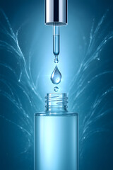 A high-resolution 3D render of a luxurious blue serum dropper releasing a droplet into an elegant glass bottle, symbolizing hydration, purity, and advanced cosmetic skincare innovation.