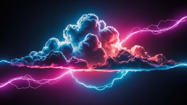 Dramatic cloudscape with neon lightning bolts against a dark background creating a powerful scene