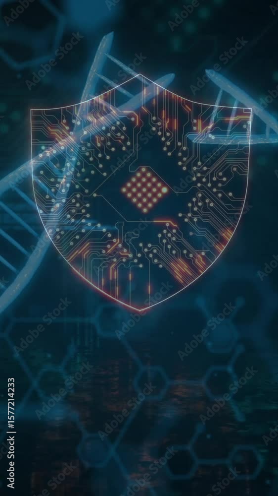 Poster animation of scientific data processing over dna strands on dark background