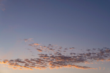 Evening sky with scattered clouds illuminated by sunset light. Natural sky background. Weather and atmosphere concept. Design for banner, wallpaper, postcard, greeting card. Horizontal landscape with 
