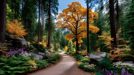 Scenic fall trail curving along wooded lakeside garden high resolution image