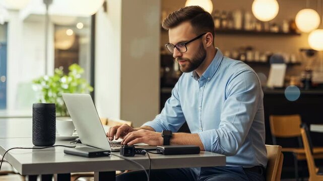 Man working on laptop in cafe. Freelancer or remote worker using computer. Digital nomad lifestyle. Modern workplace and technology concept with copy space
