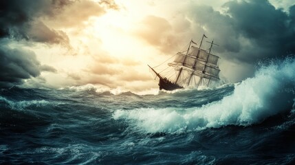Obraz premium Stormy sea, sailing ship