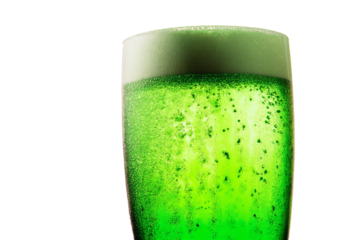 a green beer glass with a lot of water on it