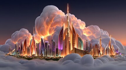 Sci-fi cityscape cloudscape futuristic buildings orange glow high resolution image