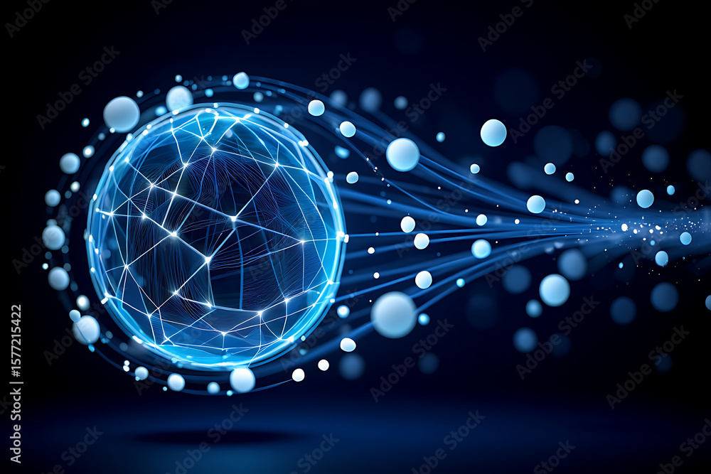 Poster a glowing sphere with interconnected nodes and lines represents a global network of data and communi