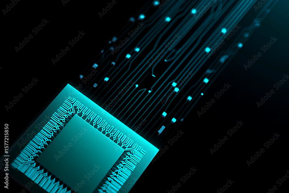 Poster a glowing microchip with intricate circuit patterns and light trails symbolizes advanced technology 