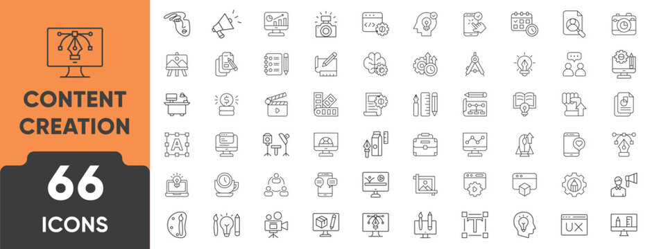 Content Creation Line Icon Set. Set of 66 outline icons including video, blog, microphone, editing, camera, script, and publishing. Editable stroke. Linear vector illustration.