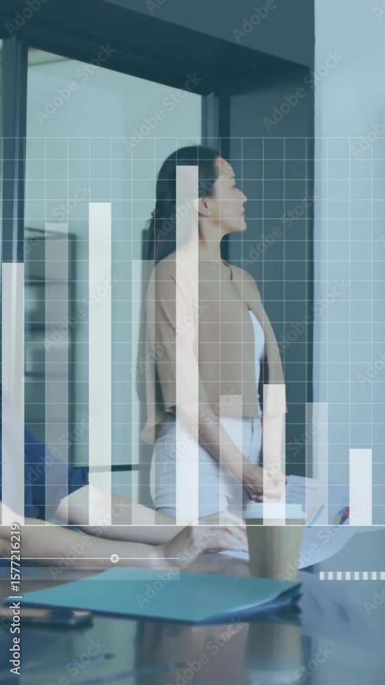 Poster bar graph animation over business meeting with diverse team analyzing sales data