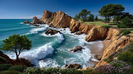 Scenic rocky coast with turquoise ocean waves high resolution wallpaper