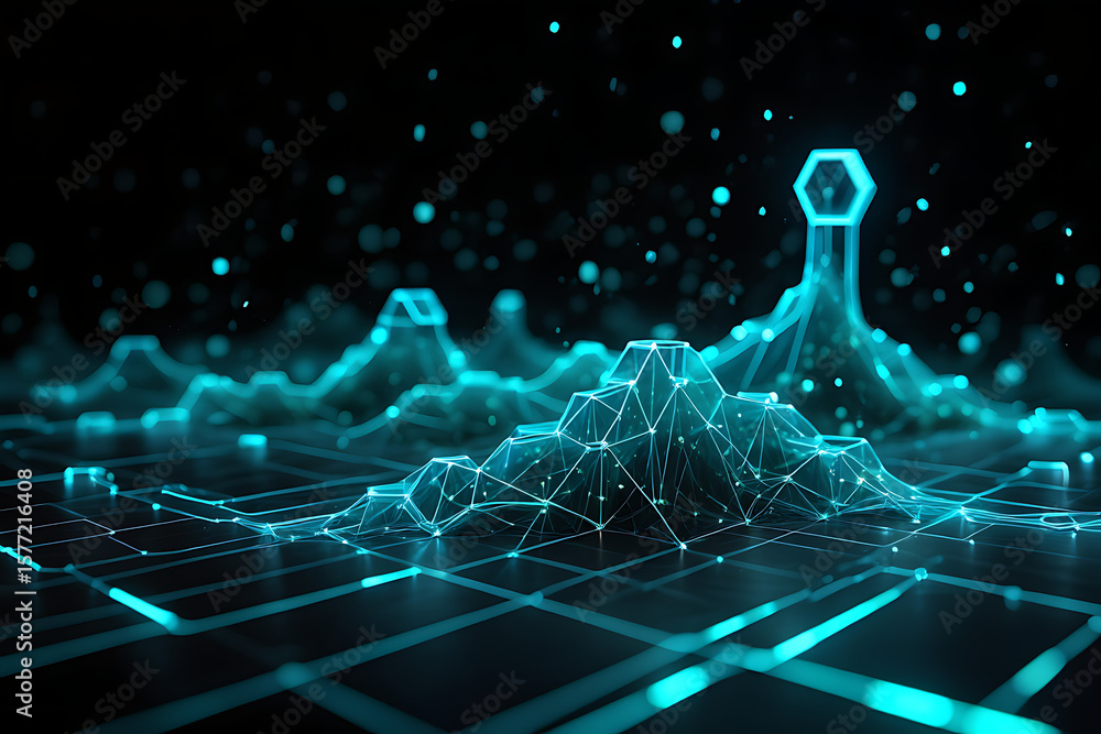 Aufkleber a glowing network of interconnected polygons forms a futuristic mountain range, symbolizing technolo