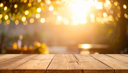 the scene features a wooden surface in the foreground, constructed from planks. this serves as a platform for an outdoor setting