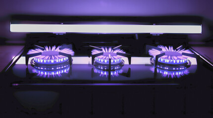 Purple flames on a modern gas stove with three burners, illuminated by a bright overhead light, creating a sleek, dark, and glowing kitchen appliance scene.