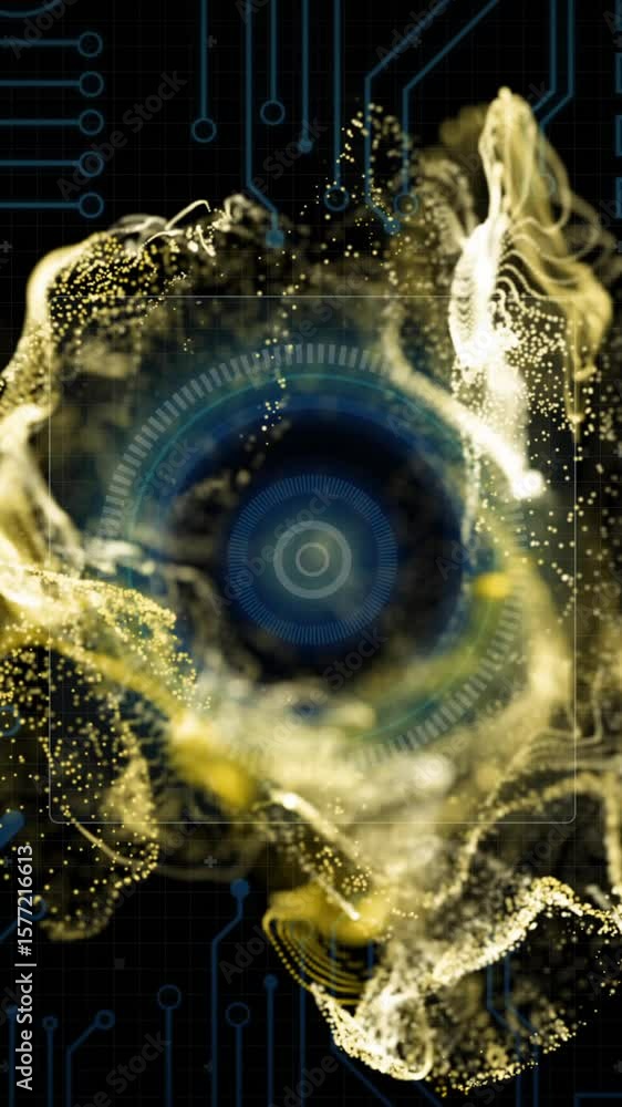 Poster digital circuit board background with swirling golden particles and central blue target animation