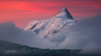 Mountain peak covered in snow with pink sky and clouds creating a scenic landscape view at dusk time