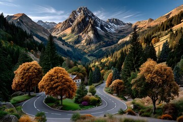 Serene village path surrounded by fall trees high resolution image