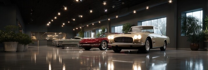Classic vintage car collection in a luxurious showroom with gleaming floor