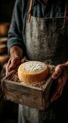 Traditional cheese making in a rustic workshop with an artisan holding a handmade cheese wheel