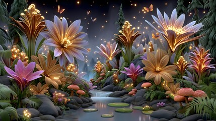 Shimmering flower forest with glowing blossoms everywhere high resolution image