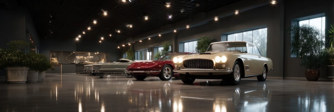 Fototapeta Classic vintage car collection in a luxurious showroom with gleaming floor