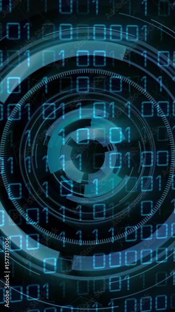 Poster digital binary code and futuristic circular interface, data processing animation