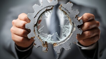 Broken Gear Held by Man.