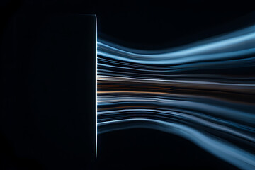 Streams of light emanate from a dark portal, symbolizing data transmission and highspeed connectivity in a futuristic design