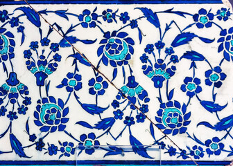 Ottoman-era Iznik ceramic tile with floral pattern displayed at Iznik Museum in Bursa, Turkey