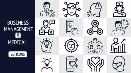Business management medical icons set vector illustration for healthcare and corporate use