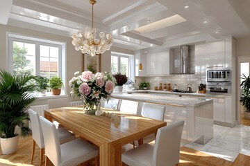 Sleek contemporary kitchen with glossy cabinets and stone backsplash high resolution image