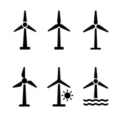 Eco-Friendly Energy Vectors Clean Renewable Power Silhouettes – A Versatile Collection of Wind Turbine Illustrations for Sustainable Initiatives. Silhouette pictogram, black and white, Flat black