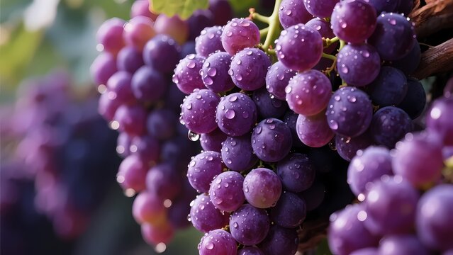 Close - up of fresh purple grapes with water droplets, showcasing fruit harvest. - Powered by Adobe
