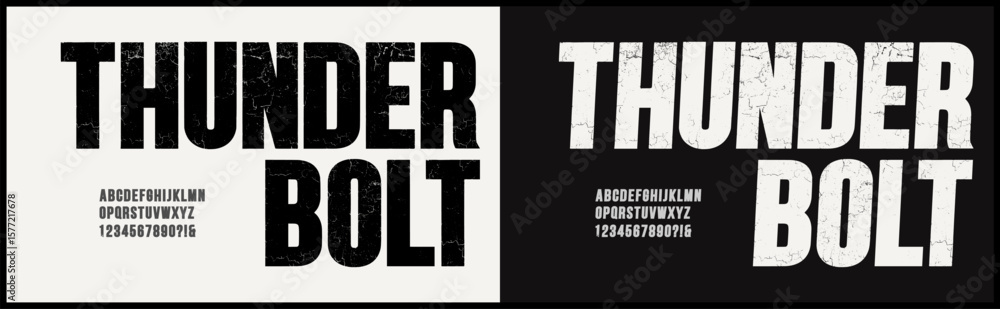 Poster condensed grunge vector font with texture. alphabet font with uppercase and number