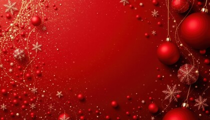 Festive Christmas Decorations with Red Ornaments and Sparkling Snowflakes on a Vibrant Red Background for Holiday Celebrations and Seasonal Cheer