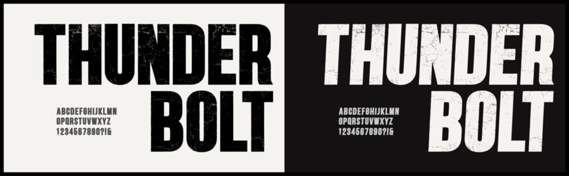 Condensed grunge vector font with texture. Alphabet font with uppercase and number