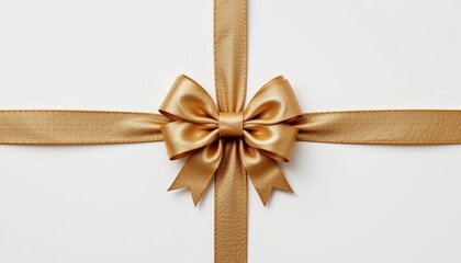 Elegant gold satin ribbon bow with neatly arranged tails on a plain light background perfect for gift wrapping and festive decorations