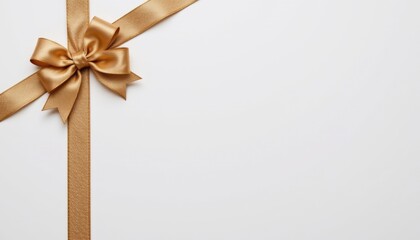 Elegant golden ribbon bow on white background for gift wrapping or celebration decoration with a minimalistic and luxurious design aesthetic