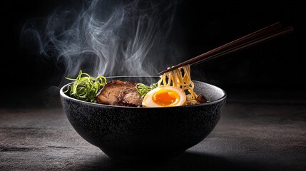Japanese ramen bowl with noodles, pork and egg on dark background with steam and empty copy space