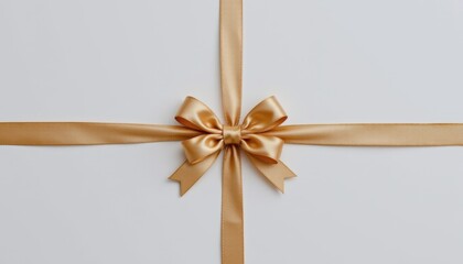 Elegant beige satin ribbon tied into a neat bow with long tails arranged in a cross pattern on a white background for gift wrapping or decoration